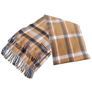 Plaid Scarf 100% Cashmere Made in Scotland Fringe Tan Black White Academia